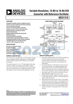 AD2S1210 datasheet - Variable Resolution, 10-Bit to 16-Bit R/D Converter with Reference Oscillator