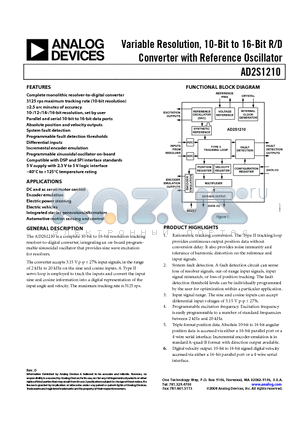 AD2S1210CSTZ datasheet - Variable Resolution, 10-Bit to 16-Bit R/D Converter with Reference Oscillator