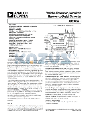 AD2S80A datasheet - Variable Resolution, Monolithic Resolver-to-Digital Converter