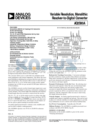 AD2S80ATD datasheet - Variable Resolution, Monolithic Resolver-to-Digital Converter