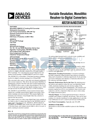 AD2S82 datasheet - Variable Resolution, Monolithic Resolver-to-Digital Converters