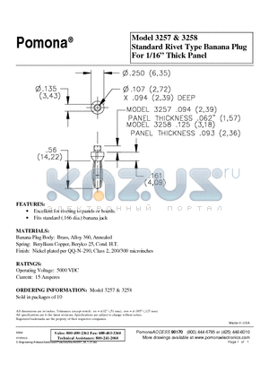 3257 datasheet - Standard Rivet Type Banana Plug For 1/16 Thick Panel