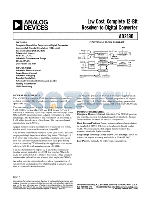 AD2S90 datasheet - Low Cost, Complete 12-Bit Resolver-to-Digital Converter