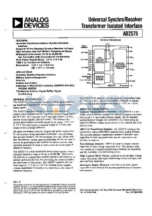 AD2S75 datasheet - UNIVERSAL SYNCHRO RESOLVER TRANSFORMER ISOLATED INTERFACE