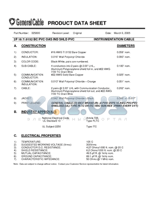 325800 datasheet - INSTRUMENTATION CABLE