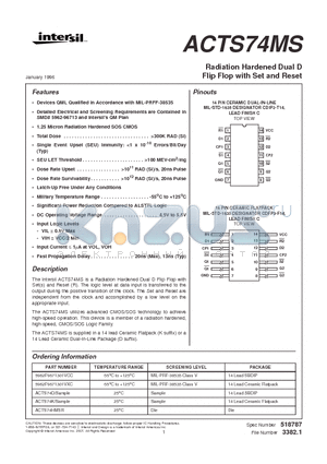 5962F9671301VXC datasheet - Radiation Hardened Dual D Flip Flop with Set and Reset