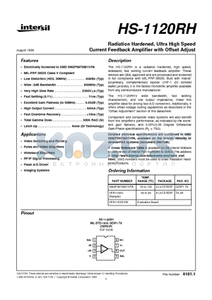 5962F9675601VPA datasheet - Radiation Hardened, Ultra High Speed Current Feedback Amplifier with Offset Adjust