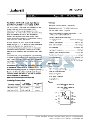 5962F9683101VPA datasheet - Radiation Hardened, Dual, High Speed Low Power, Video Closed Loop Buffer