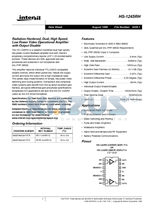 5962F9683201VCA datasheet - Radiation Hardened, Dual, High Speed, Low Power Video Operational Amplifier with Output Disable