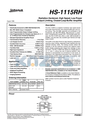 5962F9678501VPA datasheet - Radiation Hardened, High Speed, Low Power Output Limiting, Closed-Loop-Buffer Amplifier