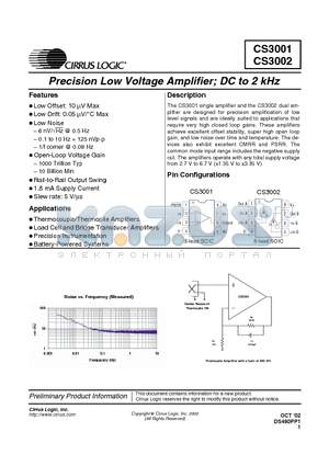 CS3001 datasheet - PRECISION LOW VOLTAGE AMPLIFIER; DC TO 2KHZ