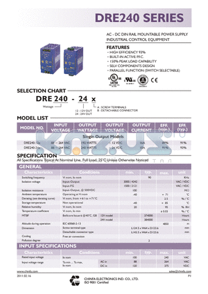 DRE240 datasheet - AC - DC DIN RAIL MOUNTABLE POWER SUPPLY INDUSTRIAL CONTROL EQUIPMENT