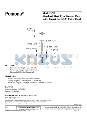 3261 datasheet - Standard Rivet Type Banana Plug With Turret For 3/32 Thick Panel