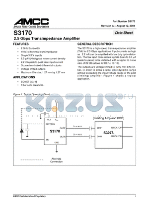 CS3170 datasheet - 2.5 Gbps Transimpedance Amplifier