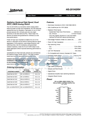 5962F9961801QEC datasheet - Radiation Hardened High Speed, Quad SPST, CMOS Analog Switch