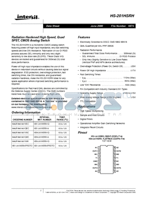 5962F9961801VEC datasheet - Radiation Hardened High Speed, Quad SPST, CMOS Analog Switch