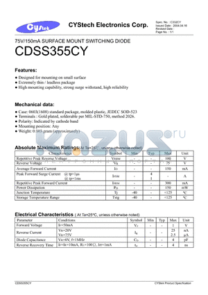 CDSS355CY datasheet - 75V/150mA SURFACE MOUNT SWITCHING DIODE