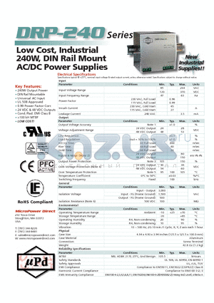 DRP-240 datasheet - Low Cost, Industrial 240W, DIN Rail Mount AC/DC Power Supplies