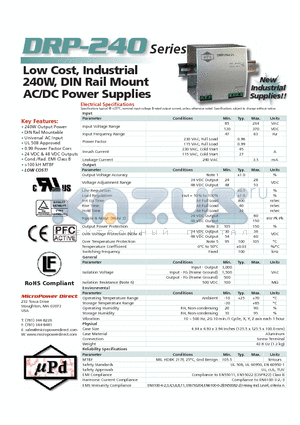 DRP-240-24 datasheet - Low Cost, Industrial 240W, DIN Rail Mount AC/DC Power Supplies