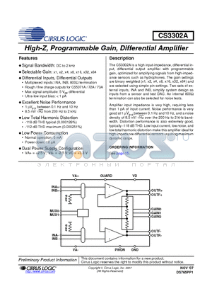 CS3302A datasheet - High-Z, Programmable Gain, Differential Amplifier
