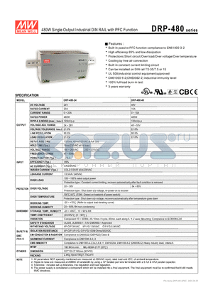 DRP-480 datasheet - 480W Single Output Industrial DIN RAIL with PFC Function