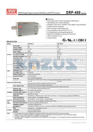 DRP-480-48 datasheet - 480W Single Output Industrial DIN RAIL with PFC Function