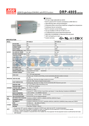DRP-480S datasheet - 480W Single Output DIN RAIL with PFC Function