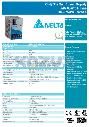 DRP024V060W3AA datasheet - CliQ Din Rail Power Supply 24V 60W 3 Phase