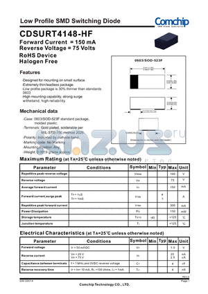 CDSURT4148-HF datasheet - Low Profile SMD Switching Diode