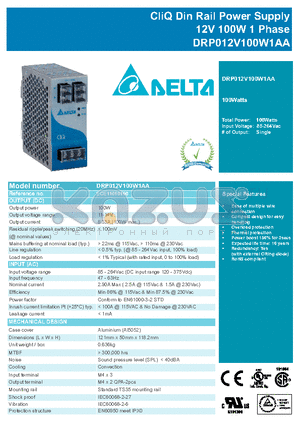 DRP012V100W1AA datasheet - CliQ Din Rail Power Supply 12V 100W 1 Phase