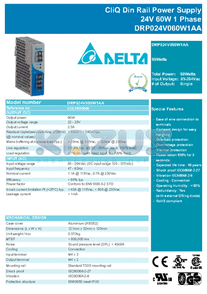 DRP024V060W1AA datasheet - CliQ Din Rail Power Supply 24V 60W 1 Phase