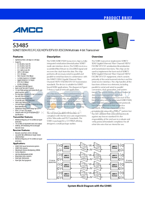 CS3485 datasheet - SONET/SDH/FEC/FC/GE/HDTV/DTV/D1/ESCON Multirate 4-bit Transceiver