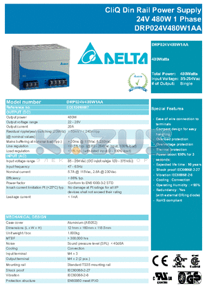 DRP024V480W1AA datasheet - CliQ Din Rail Power Supply 24V 480W 1 Phase