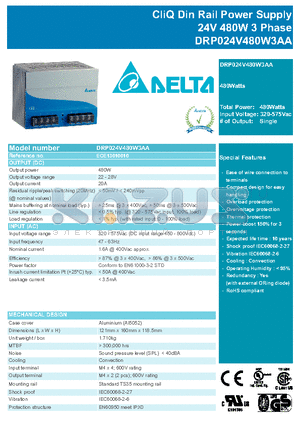 DRP024V480W3AA datasheet - CliQ Din Rail Power Supply 24V 480W 3 Phase
