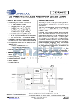 CS35L03-CWZR datasheet - 2.9 W Mono Class-D Audio Amplifier with Low Idle Current