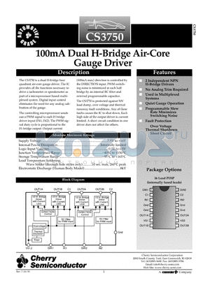 CS3750 datasheet - 100mA Dual H-Bridge Air-Core Gauge Driver