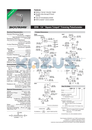 3266W-1-103A datasheet - 3266 - 1/4  Square Trimpot^ Trimming Potentiometer