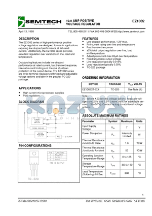 EZ1082 datasheet - 10.0 AMP POSITIVE VOLTAGE REGULATOR