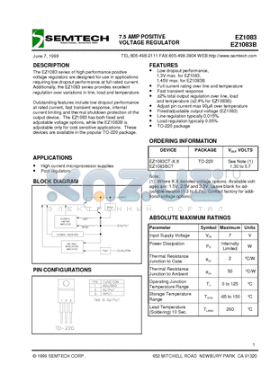 EZ1083B datasheet - 7.5 AMP POSITIVE VOLTAGE REGULATOR