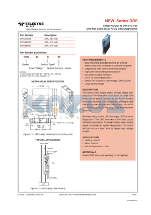 DRS24D25 datasheet - Single Output to 30A 510 Vac DIN-Rail Solid-State Relay with Diagnostics