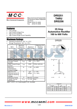 DRS251 datasheet - 25 Amp Automotive Rectifier 100 to 600 Volts