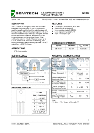 EZ1087 datasheet - 5.0 AMP REMOTE SENSE VOLTAGE REGULATOR