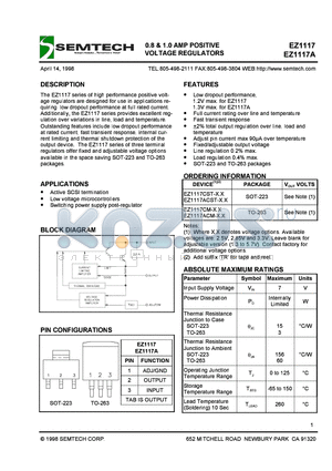 EZ1117 datasheet - 0.8 & 1.0 AMP POSITIVE VOLTAGE REGULATORS