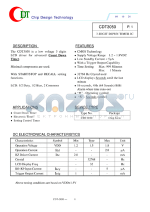 CDT3050 datasheet - The CDT3050 is a low voltage 3 digits LCD driver for advanced Count Down Timer