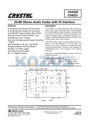 CS4220 datasheet - 24-Bit Stereo Audio Codec with 3V Interface