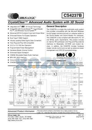 CS4237B-KQ datasheet - CrystalClear Advanced Audio System with 3D Sound