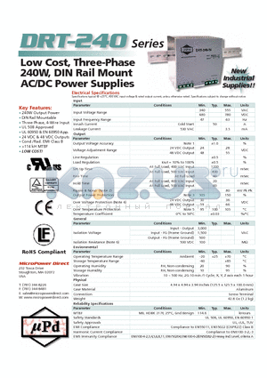 DRT-240 datasheet - Low Cost, Three-Phase 240W, DIN Rail Mount AC/DC Power Supplies