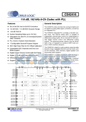 CS42416-DQZR datasheet - 110 dB, 192 kHz 6-Ch Codec with PLL