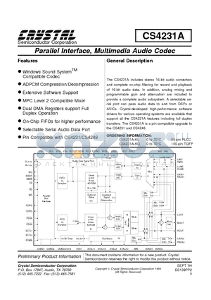 CS4231A-KL datasheet - PARALLEL INTERFACE MULTIMEDIA AUDIO CODEC