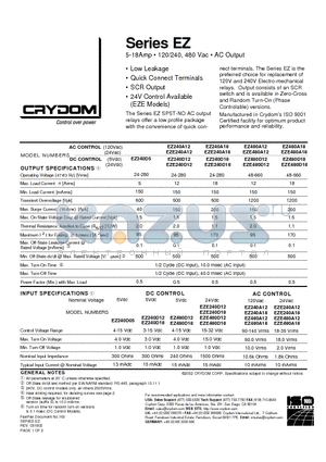 EZ240A12 datasheet - 5-18Amp  120/240, 480 Vac  AC Output